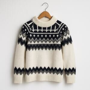 Barbour Wool Sweater 14 Cream Navy Fair Isle Nordic Chunky Mockneck Pullover